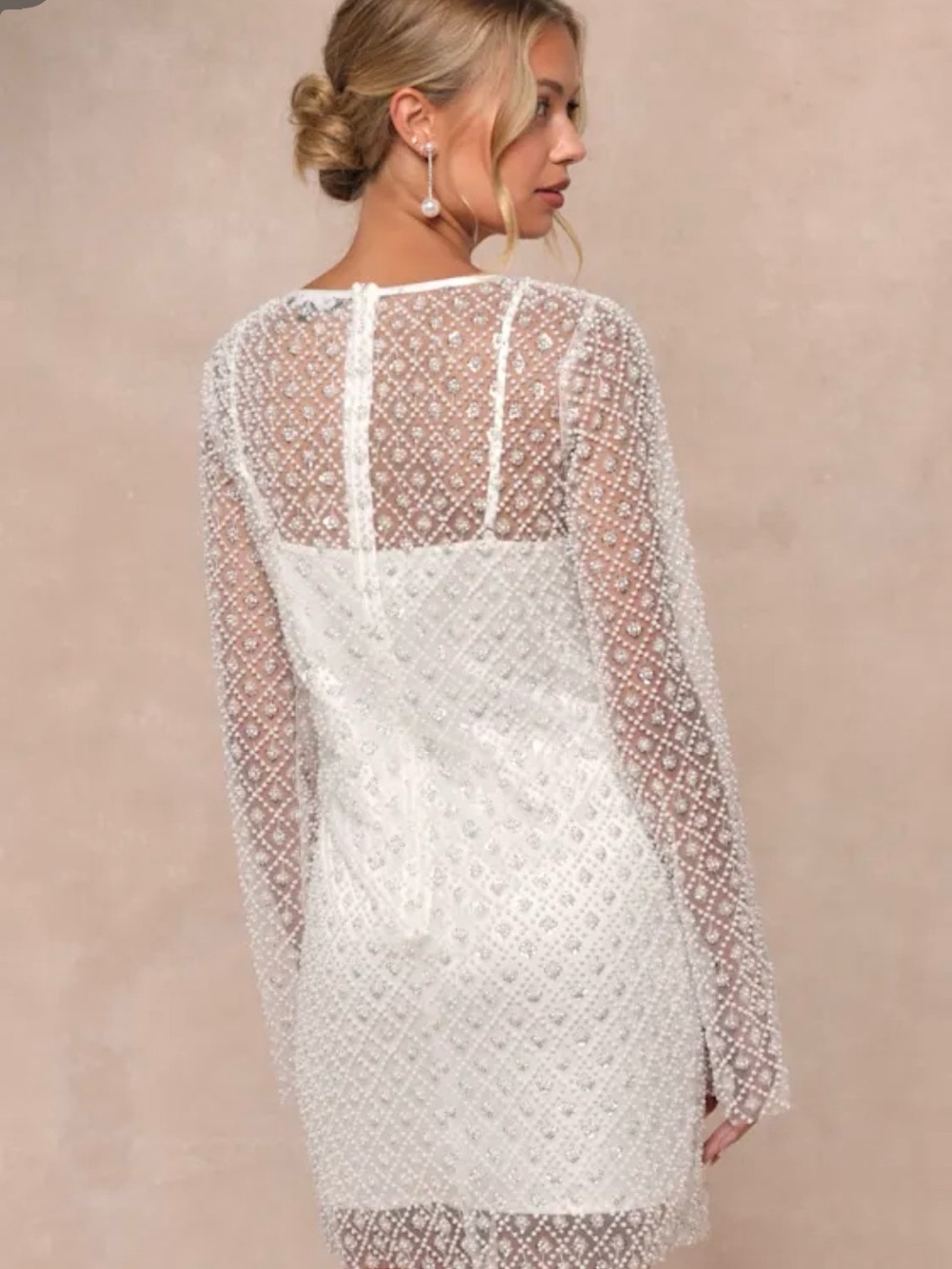 Lulu's White Sheer Beaded Long Sleeve Mini Dress - Picture 1 of 2